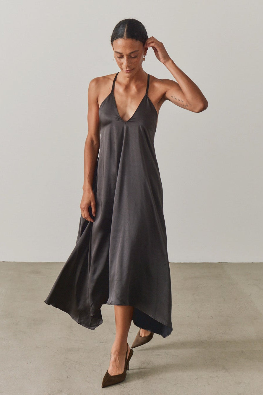 Handkerchief Hem Satin Dress - Espresso - L Handkerchief Hem Satin Dress - Espresso - L