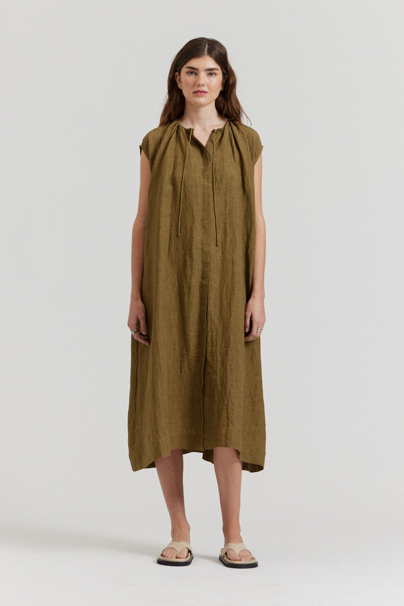 Boxy Linen Midi Dress Fatigue / Small/Medium Boxy Linen Midi Dress Fatigue / Small/Medium