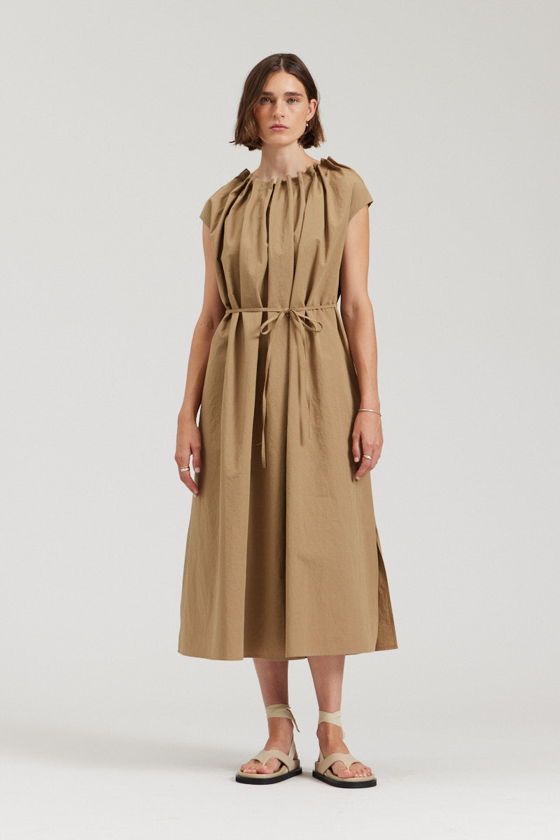 Pleated Neckline A-line Dress Safari / Small/Medium Pleated Neckline A-line Dress Safari / Small/Medium